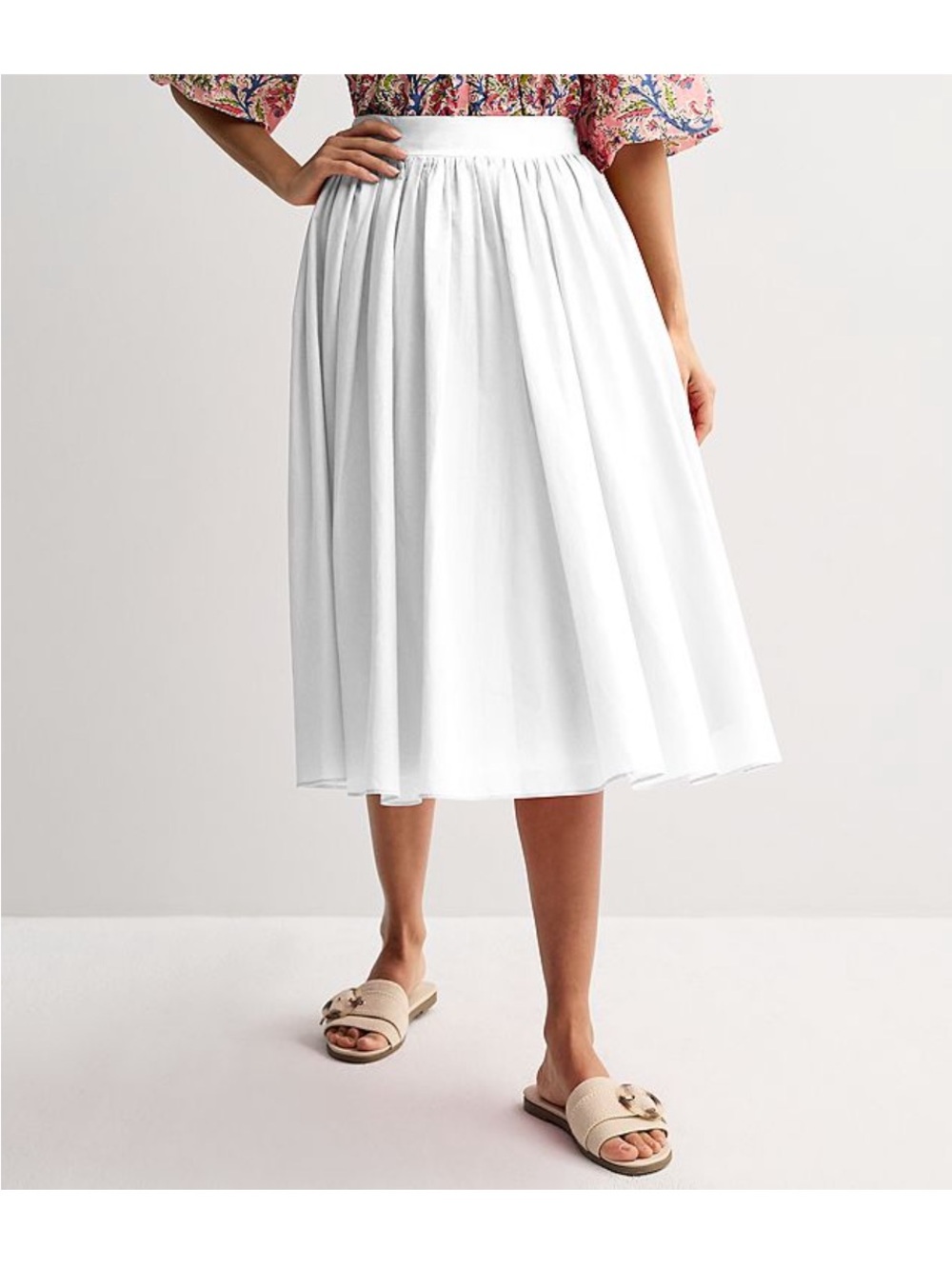 Women's White Midi Skirt with Gathered Waist